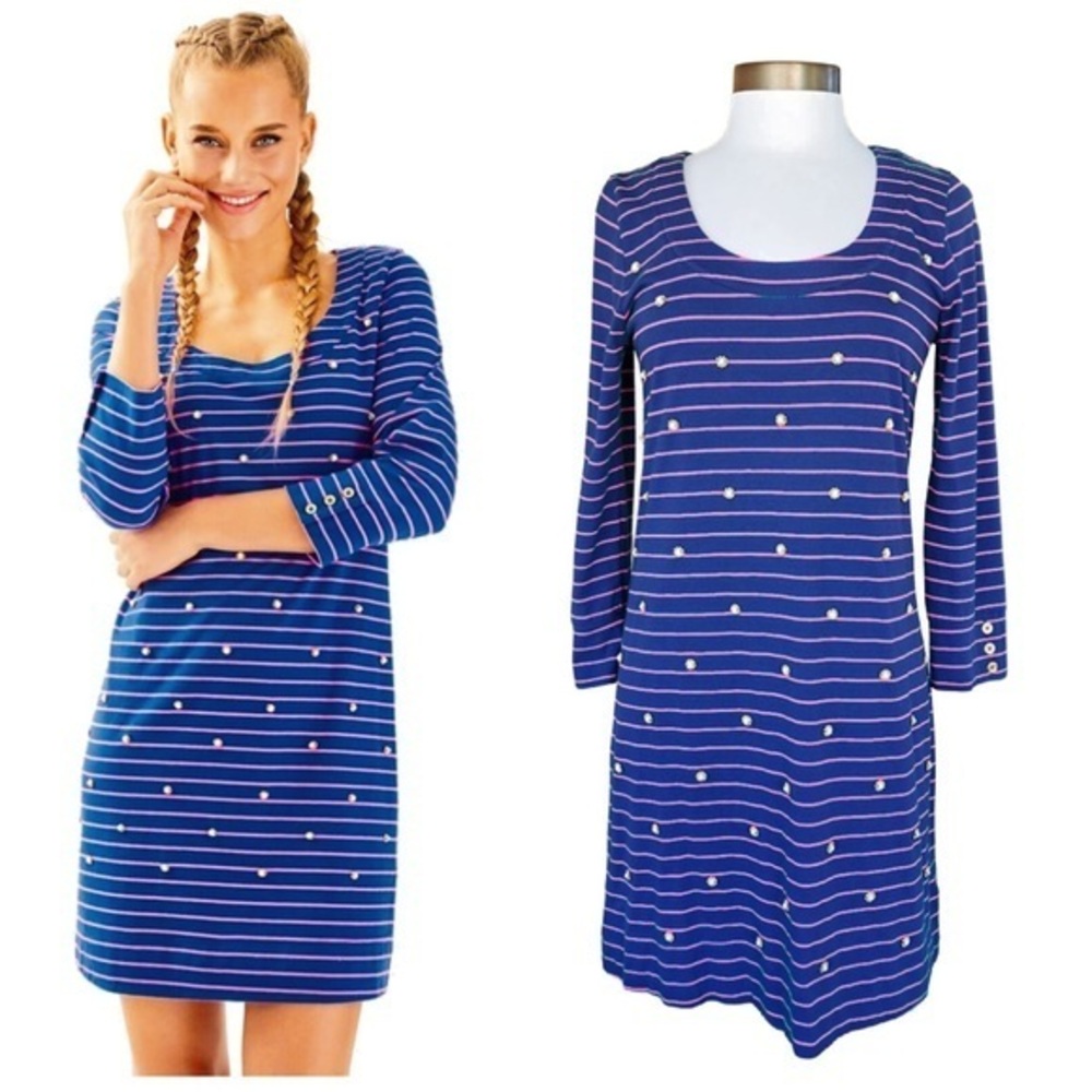 Lilly Pulitzer Preppy Coastal Jewel Blue Striped Women's casual flowy Dress